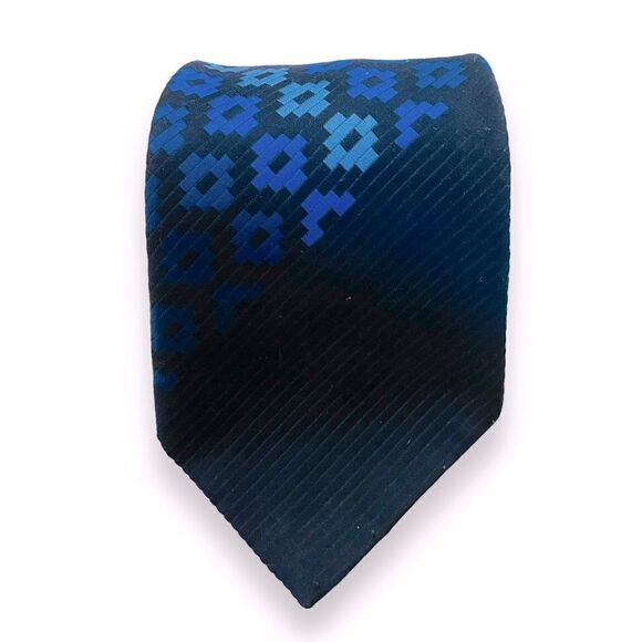 Vintage 70’s Custom Creations Navy Blue Geometric Print WideTie - Picture 1 of 3